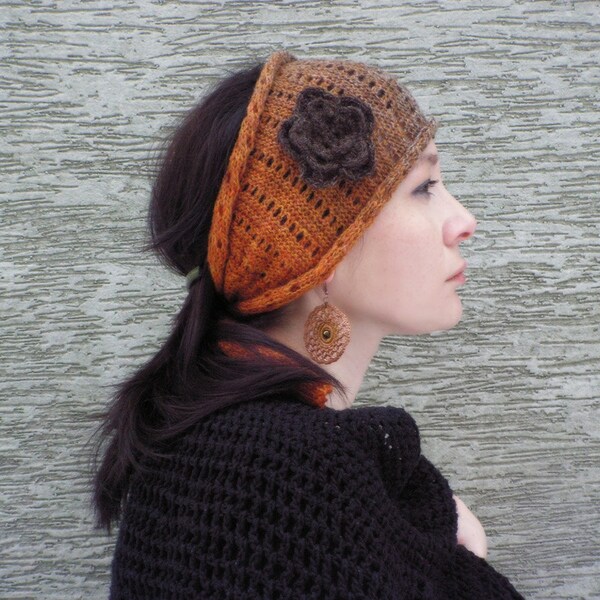 FREE SHIPPING Gipsy Rainbow -  hand knitted headband ear warmer with crocheted flower brooch gipsy boho style