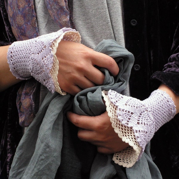 Mauve Hydrangea Fairy Tales - crocheted open work layered wrist warmers cuffs