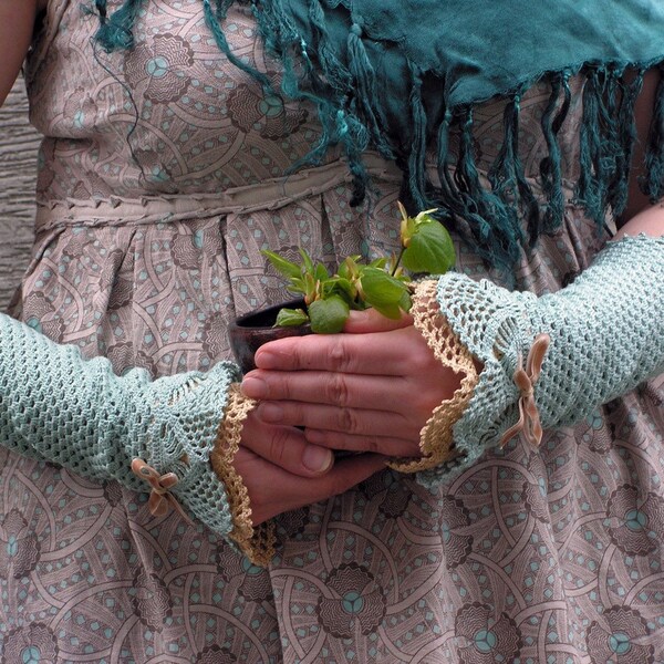 Minty Chitchat - crocheted open work lacy wrist warmers cuffs