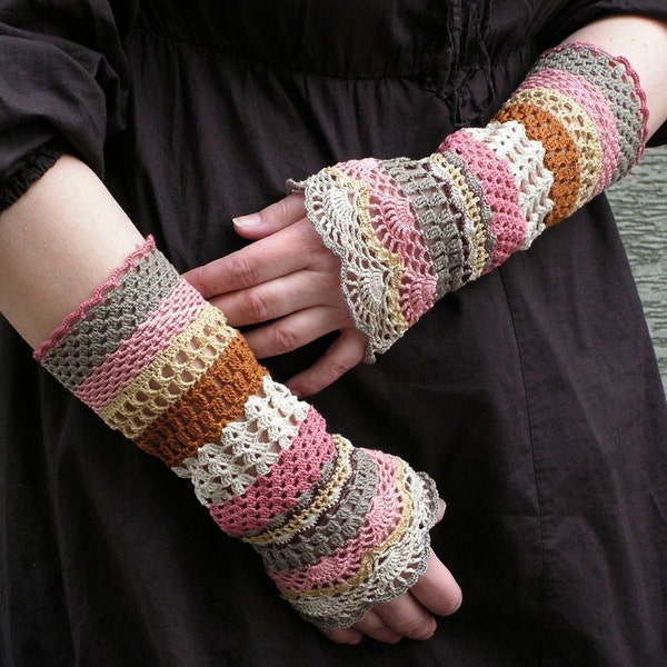 Total Colorization: Tea with Rose Tones - crocheted open work lacy romantic wrist warmers cuffs hippie boho style