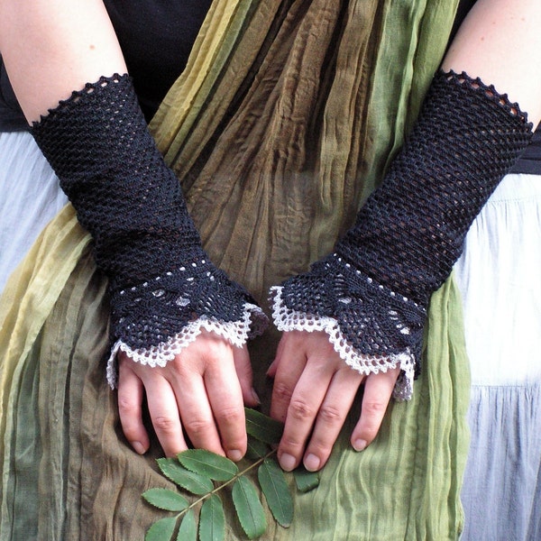 Evening Secret - crocheted open work lacy wrist warmers cuffs