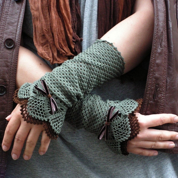 Lace Hunting  - crocheted open work lacy wrist warmers cuffs