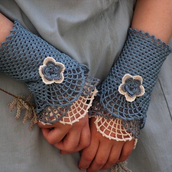 Three Whispers in Windy Weather - crocheted open work lacy wrist warmers cuffs