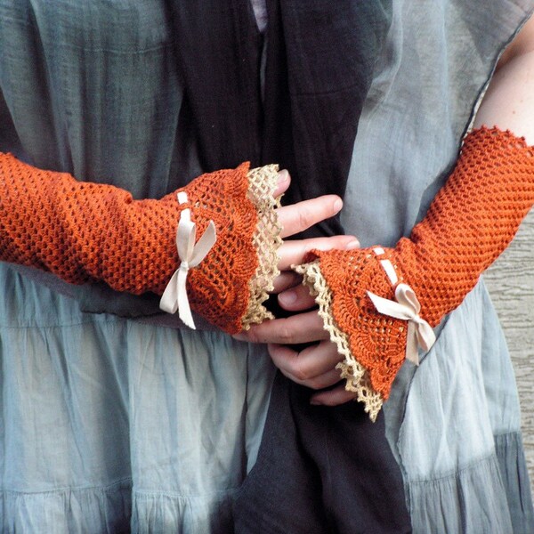 Lady Fado - crocheted open work lacy wrist warmers cuffs