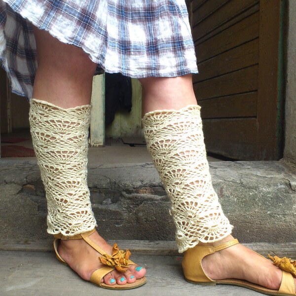 Creme Morning - crocheted open work lacy romantic leg warmers spats cuffs