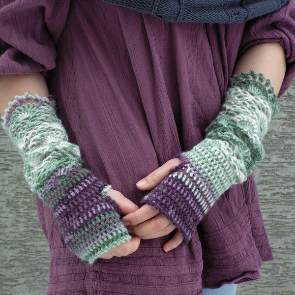 Color Nostalgic - crocheted open work lacy long mittens fingerless gloves dusty green purple off white color