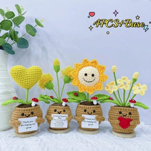 4PCS Crochet Plants /Handmade Forget-Me-Not,Sunflower,Heart,Dandelion–Emotional Support Crochet,Thank You gift -Gift For Her