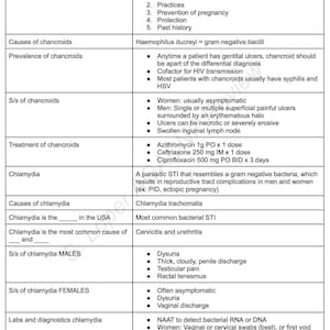 May include: A table with a white background and black text outlining the 5 Ps of sexual health, causes, prevalence, symptoms, and treatment of chancroids and chlamydia. The table also includes information about Haemophilus ducreyi, a gram-negative bacillus.