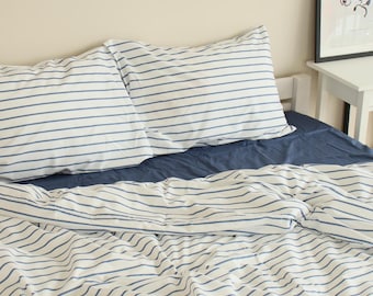 Dark Blue Striped Bedding Set, Modern striped duvet and sheet set, 4 Pieces