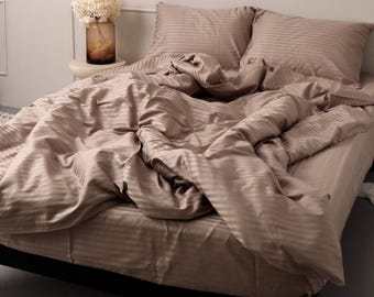 Brown Striped Bed Set: 4 Pieces Silk Bedding