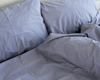 Dusty Blue / Periwinkle Blue Bedding Set: Washed Cotton Sheets, 2 Pillowcases and Duvet Cover