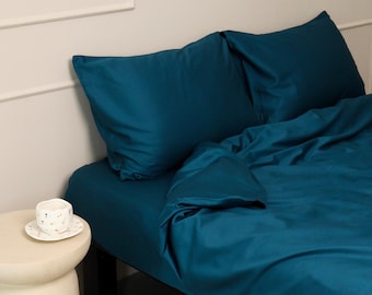 Ocean Color Satin Queen Bedding Set: Silk Cotton Blend, 4 Pieces