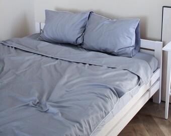 Bedding with Piping: Sateen Fabric, All Size, Blue-grey Color