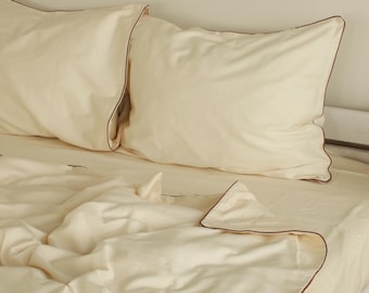 Creamy Milk Bedding with Brown Piping: Sateen Fabric, Queen, King Size