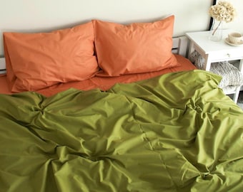Orange and Green Mix Set: Organic Cotton, Includes Sheet, Duvet Cover and 2 Pillowcases