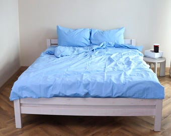 Light Blue Washed Cotton Bedding Set: Sheet, 2 Pillowcases and Duvet Cover