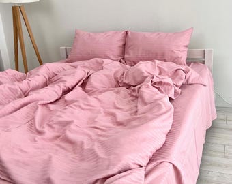 Pink Stripe Satin Cotton Bedding Set 4 Pieces for Queen or King Beds, Custom