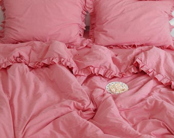 Ruffled Bedding Set: Pink Cotton, 4 Pieces Set for Queen or Full Size