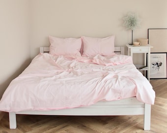 Light Pink 100% Washed Organic Cotton Bed Linen Set: Full Size Duvet Cover & Pillowcases