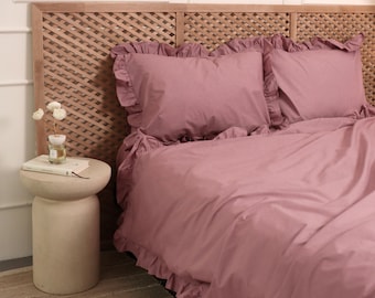 Pink Ruffle Bedding Set Full, Cotton Duvet Cover,2 Pillowcase