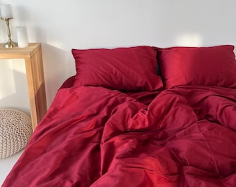 Burgundy Red Satin Cotton Bedding Set – Duvet Cover, Flat or Fitted Sheet, 2 Pillowcases