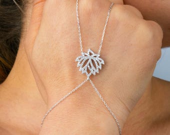 Sterling Silver Lotus Hand Chain Bracelet: Shahmaran Jewelry