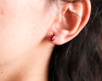 Handmade Rose Gold Ladybug Stud Earrings: 925 Sterling Silver