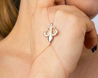 Rose Gold Fleur de Lis Hand Chain: Sterling Silver Shahmaran Bracelet