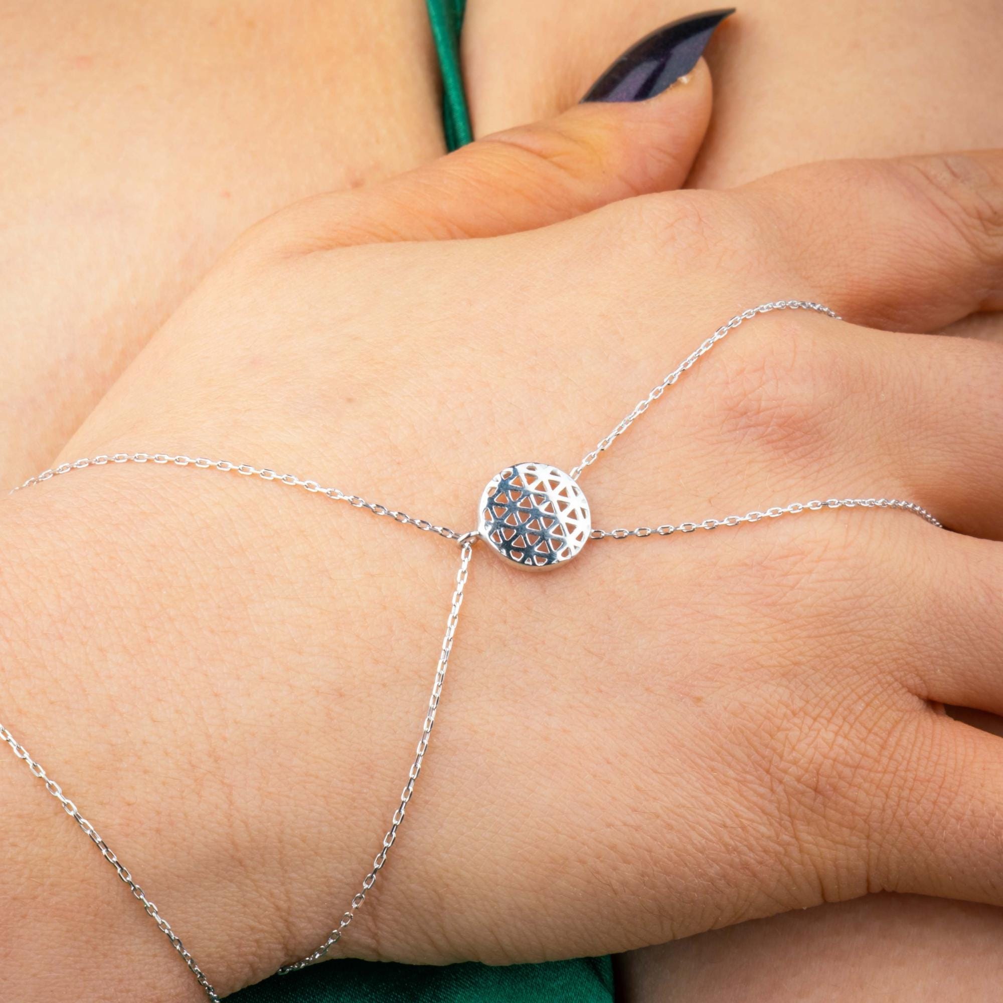 Sterling Silver Flower of Life Hand Chain: Sacred Geometry Shahmaran Bracelet