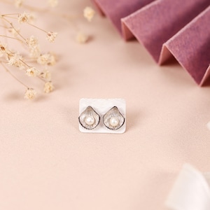 Pearl in Oyster Earrings, Handmade Silver and Gold Color Studs, Minimalist Ocean Jewelry, Nautical Gift for Her, Mother’s Day Gift