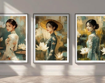 3 pinturas de mujeres vietnamitas con flores de loto y ao dai blancas, decoración de tet, arte mural asiático, archivos PNG de 600 DPI, arte digital imprimible