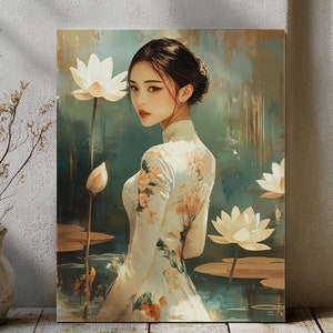 May include: A woman in a white dress with floral patterns stands in a pond with white lotus flowers. The background is a soft blue and green watercolor wash.