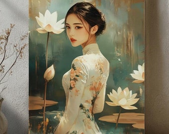 Póster de madera con diseño de mujer vietnamita con Ao Dai blanco y flores de loto / Decoración para el Tet, arte mural asiático, regalo listo para colgar, impresión giclée, papel EMA