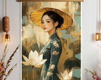 Póster de madera con flores de loto verdes de Ao Dai de mujer vietnamita, decoración Tet, arte mural asiático, regalo listo para colgar, impresión Giclée, papel EMA