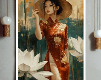 Póster de madera con una mujer vietnamita vestida con flores de loto rojas de Ao Dai. Decoración Tet. Arte mural asiático. Regalos listos para colgar. Impresión giclée. Papel EMA.