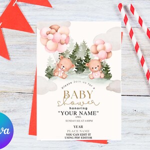 Convite de aniversário de urso editável, primeiro modelo de convite minimalista de aniversário boho para impressão, convite neutro de urso de pelúcia de qualquer idade
