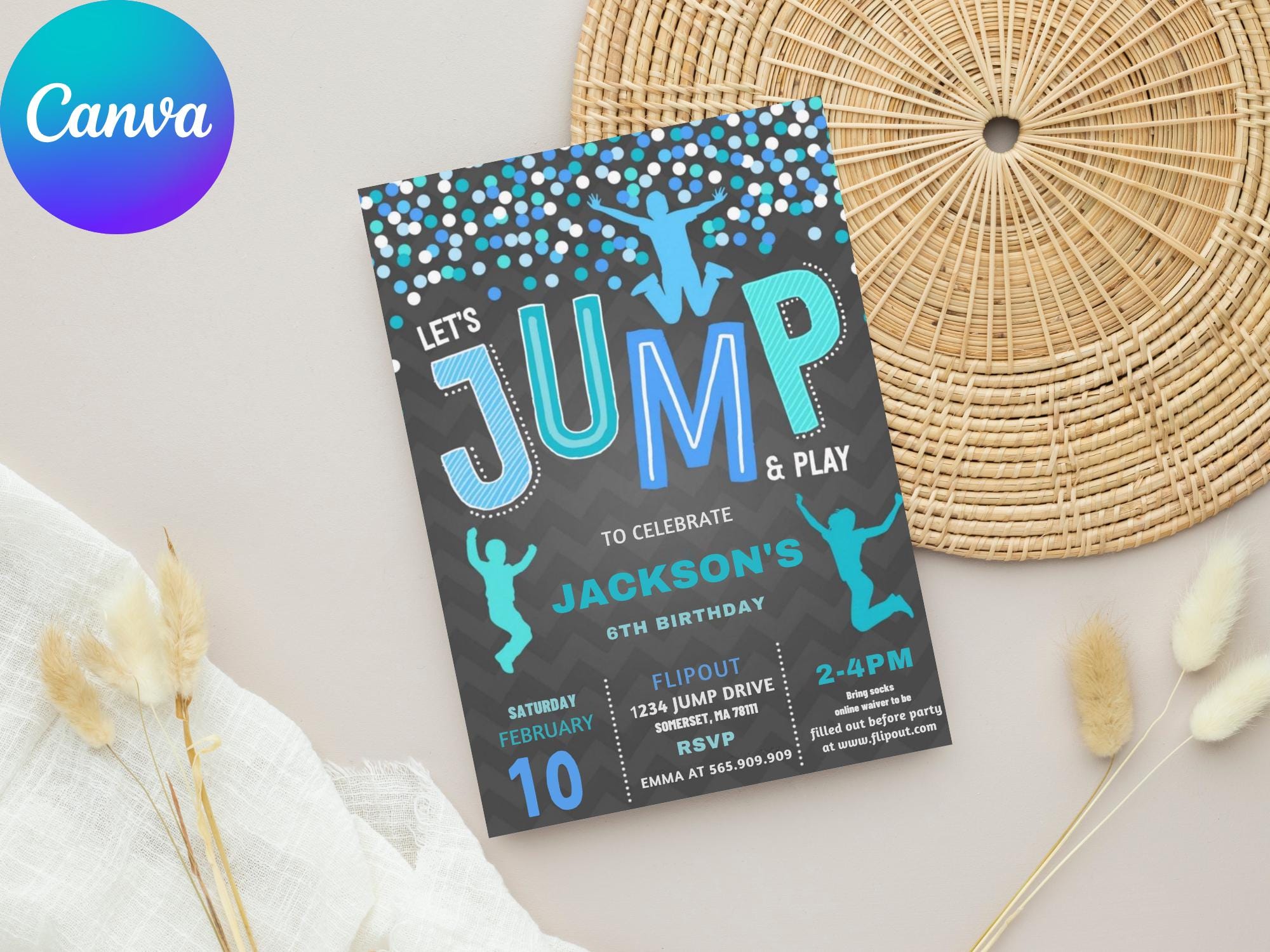 Editable Jump Party Invitation, Jump Birthday Invitation, Jump Ticket Invitation, Trampoline Birthday Invitations, Instant Download