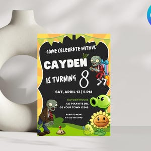 Invitación de Plantas Vs Zombies, Invitación de cumpleaños de Plantas Vs Zombies, Fiesta de Plantas Vs Zombies, Tema de Plantas Vs Zombies, Canva editable