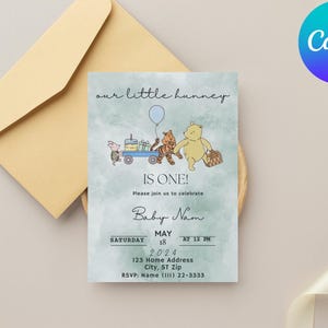 Invito modificabile per il primo compleanno di Pooh neutro, invito digitale, invito classico per la festa di compleanno di Winnie the Pooh, primo compleanno di una bambina o di un bambino