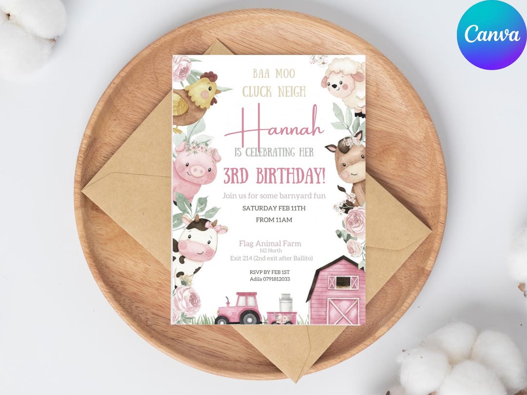 Editable Farm First Birthday Invitation, Girl Barnyard Theme Pink Party ...