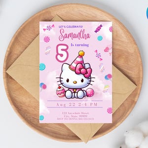 Invito a fumetti, invito anime, invito di compleanno a tema gattino, invito di compleanno viola invito Canva, modello Canva modificabile