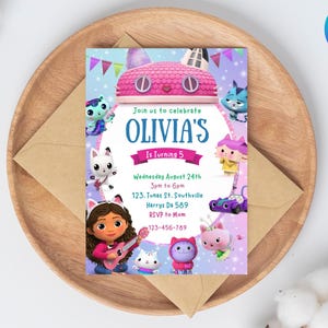 Invito di compleanno per la casa delle bambole Gabbys, invito digitale per la casa delle bambole Gabbys, inviti stampabili per feste per bambini, modello Canva, biglietto Gabby modificabile