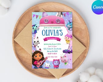 Gabbys Dollhouse Birthday Invitation, Digital Gabby Dollhouse Invitation, Printable Kids Party Invites, Canva Template ,Editable Gabby Card