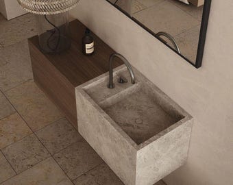 Lavabo alto de mármol Light Emparador, lavabo de baño de mármol travertino de diseño especial montado en la pared - Color marrón y beige Diseño de cocina y hogar