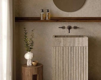Lavabo de pedestal de travertino, diseño especial, lavabo de baño de mármol tallado a mano, piedra natural.