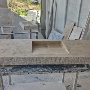Rustic Travertine Stone Sink with Integrated Basin – Solid Bathroom Vanity Top – Natural Carved Stone Washbasin – Farmhouse Spa Decor
