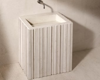 Travertine Pedestal Sink: Modern Stone Washbasin with Hidden Drain