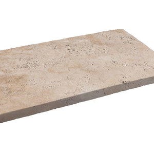 May include: A rectangular, beige-colored stone slab with a textured surface. The stone has a natural, porous appearance and is likely made of travertine or a similar material. The edges are slightly rounded.
