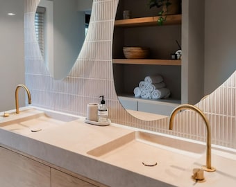 Lavabo doble de travertino beige especial, encimera de baño con aspecto de mármol, encimera de baño de travertino especial, lavabo de sobremesa de pared.