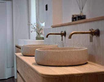 Lavabo de travertino ondulado con bordes finos, lavabo de baño de diseño especial de travertino claro